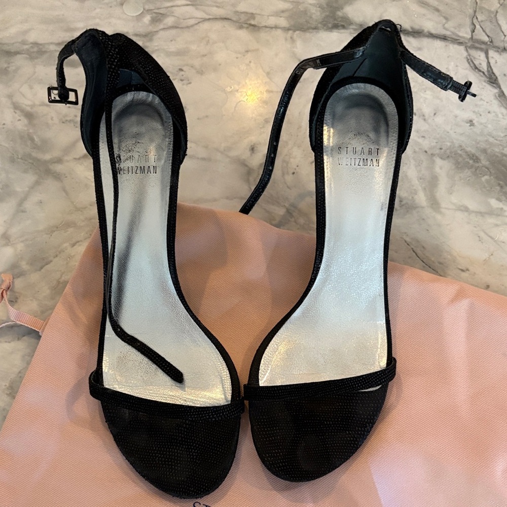 Stuart Weitzman “Goose Bump” Black Strappy Heels, size 8